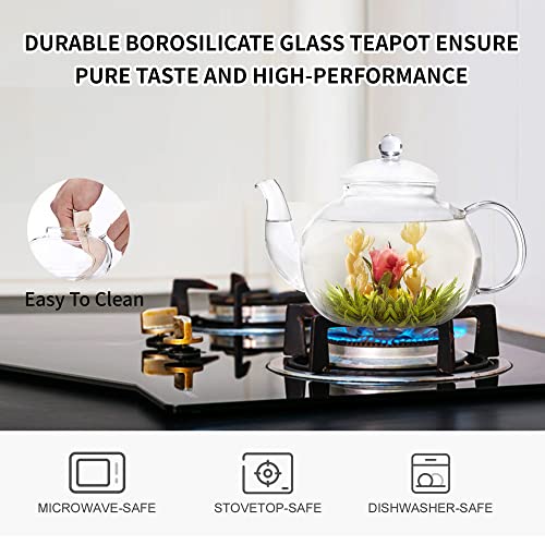 Glass Teapot Set, 40Oz/1200Ml Stovetop Safe Glass Tea Kettle With 4 Double-Wall Tea Cups & Loose Tea Infuser & Tea Warmer, Microwave & Dishwasher Safe Tea Maker, Blooming Tea Gift Set For Women #TOP3