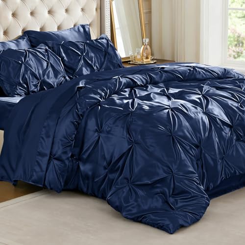 Image of BEDELITE Satin Comforter Set King Size, 7 Pieces Pintuck Bed in A Bag with Comforter, Flat Sheet, Fitted Sheet, Pillowcases, Shams, Soft Cozy Similar to Silk Bed Set for All Seasons (Navy)