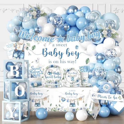 cocomigo 260PCS Baby Boy Baby Shower Decorations All-in-One Set with Baby Boy Balloon Arch Tableware Advice Cards Cake Topper Balloon Box Backdrop Sash Corsage Etc. Serves 20