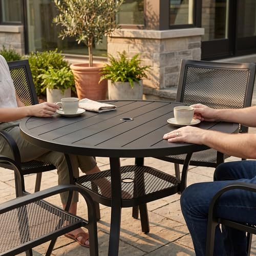 Image of VICLLAX Metal Outdoor Dining Table for 4, All Weather 40.7 inch Black Round Patio Table with Adjustable Umbrella Hole for Lawn, Garden, Balcony and Poolsides, Black Tabletop