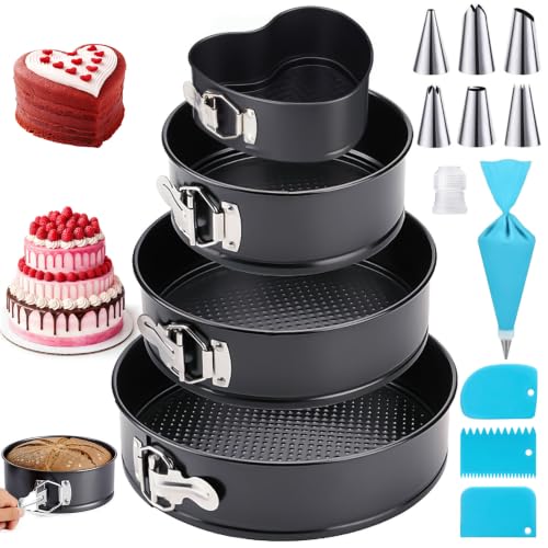 BARAKYEG 4 Piezas Molde Desmontable,11/18/23/26 cm Moldes Para Pasteles,Molde repostería Redondo,Molde Tarta,Molde repostería corazón,Molde para Horno,Antiadherente,Molde Pasteles