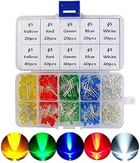NA 300pcs 3mm 5mm 2pin Light Emitting Diodes Round Head LED Lamp Assorted Color Diodes Resistor Kit, Red, Green, Yellow ,White , Blue (5y6)