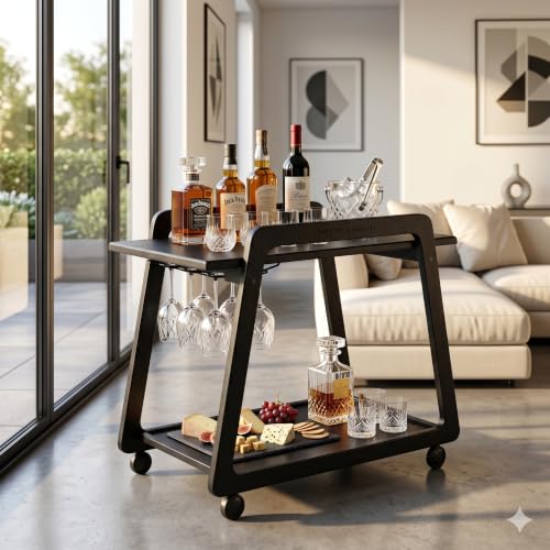 Image of Premium Solid Wood Multipurpose Kitchen Trolley & Serving Cart with Wheels Portable Side Table for Living Room & Office Stylish Wooden Furniture with Smooth Rolling Casters-Black Natural