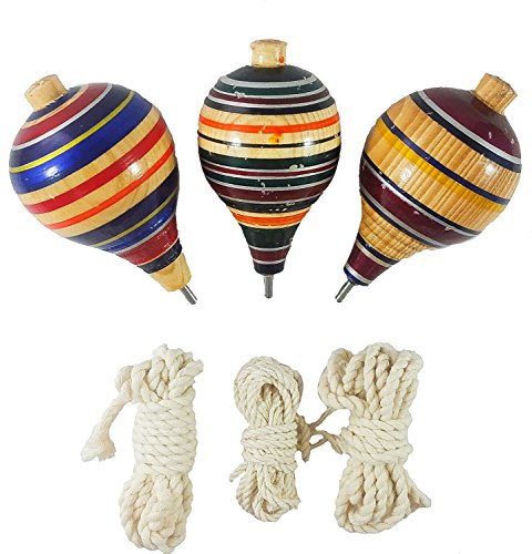 Jacq & Jürgen Wooden Trompos Spin Tops 3 Pack Authentic Mexican Novelty with Metal Tips // Made in Mexico with A+ Quality Materials (Multicolor)