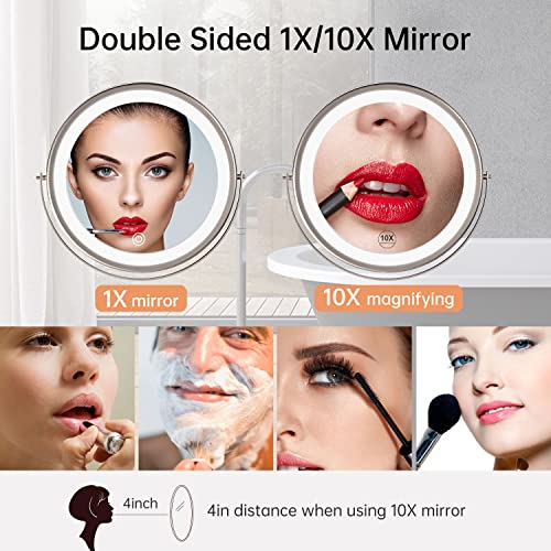 Rechargeable Wall Mounted Lighted Makeup Vanity Mirror 8 Inch Double Sided 1X 10X Magnifying Bathroom Mirror, 3 Color Lighting, Touch Screen Dimming, Extended Arm 360 Rotation Shaving Light Up Mirror #TOP4
