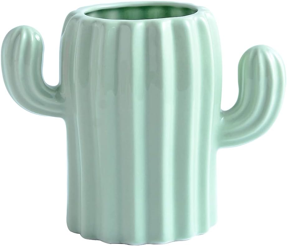 YOSCO Ceramic Pen Holder Cactus Pencil Holder Cute Pens Cup for Desk for Kids Office Decor Desk Accessories Pen Pot Makeup Brush Holder(Green)
