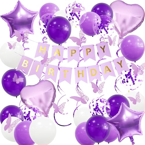 UOMYLEIR Purple Birthday Decorations, Purple Happy Birthday Banner for Girls, Lilac Banners Bunting and Star Lavender Banner Balloons Butterfly Party Decorations for Girls Women