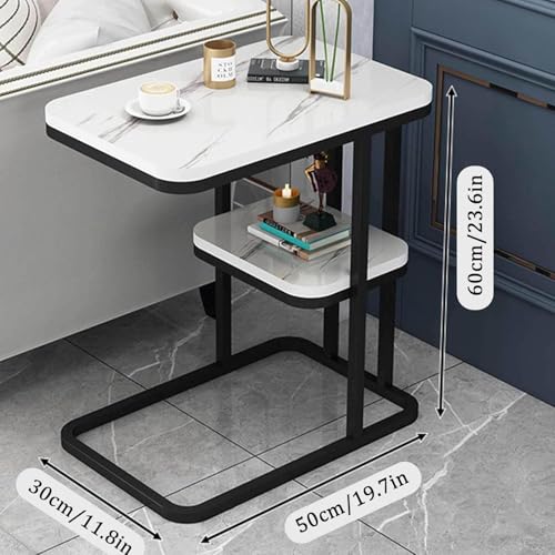 Image of Metal U-Shaped Side Table, Multipurpose End Table with Marble Texture Look, Small Coffee Table Sofa Table Bedside Table for Bedroom Living Room or Office, 2 Tier Storage, Black and White