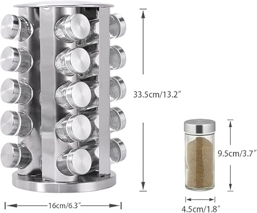 Porta Temperos Condimento Giratorio Inox com 20 Potes de Vidro - Kit Pratico e Elegante para Organiz