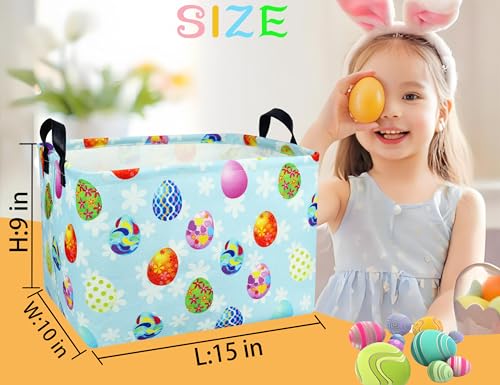 Image of Rectangle Empty Easter Baskets Boy Large Toy Storage Bin Girls collapsible Hamper Waterproof Canvas Box Kid Gifts Spring Decor( Blue Creative Egg )