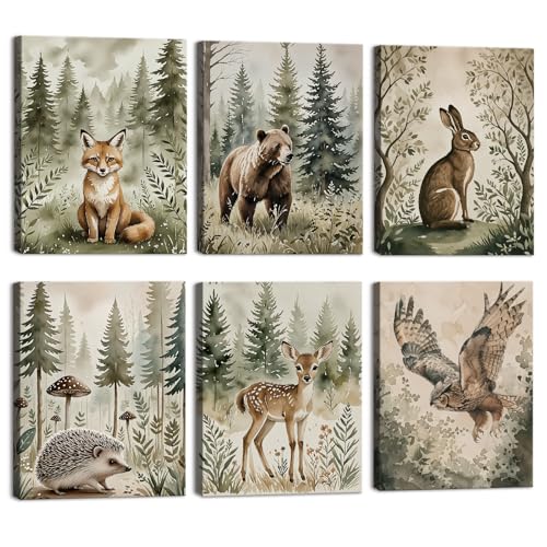 CHDITB 6 Stück Dschungel Tier Grün Wandkunst,Grün Waldland Tiere Poster,Kinder Schlafzimmer Home Dekoration,Kinderzimmer Babyzimmer Cartoon Bilder,Dschungel Tier Inspirierender Leinwandbild,25x20cm