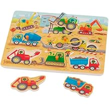 B. toys Peek & Explore Construction Trucks Wooden Peg Puzzle Truck Puzzle for Toddlers, Kids 8 Construction Truck Pieces Dump Truck, Cement Mixer, Excavator & More 2+ Years