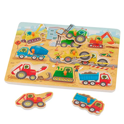 B. toys – Peek & Explore – Construction Trucks – Wooden Peg Puzzle – Truck Puzzle for Toddlers, Kids – 8 Construction Truck Pieces – Dump Truck, Cement Mixer, Excavator & More – 2+ Years by B. toys - Used condition - US$8.98