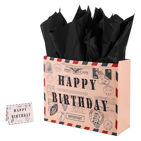 jabberwpacking 12.6" Large Birthday Gift Bag with Tissue Paper Retro Stamp Design Gift Bag for Men Women Boy Girl Birthday Cover
