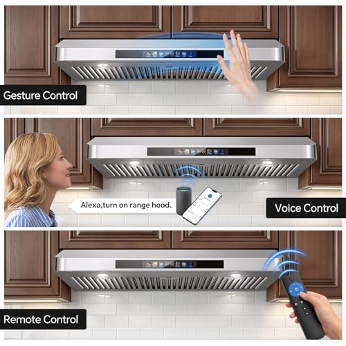 Image of Tieasy 42 Inch Under Cabinet Range Hood, 900 CFM Smart Kitchen Vent Hood with Voice /Gesture /Remote /Touch Control, Dual Motor Stove Hood with 4-Speed, LED Lights, Works with SmartLife, Google & Alexa