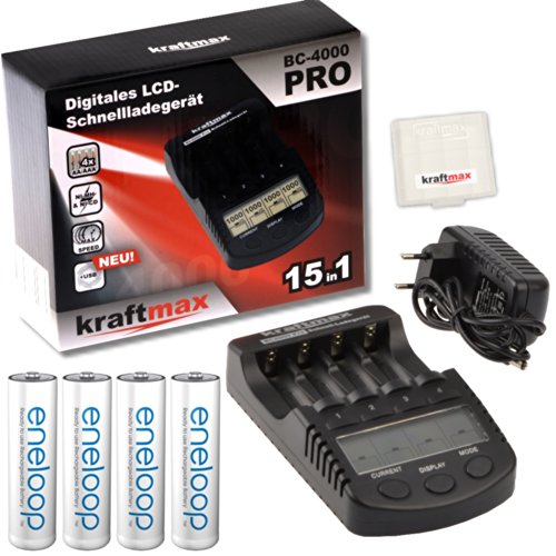 kraftmax Kombipack BC-4000 Pro Ladegerät und 4X Eneloop AA/Mignon Akkus - Neueste Generation - Hochleistungs Akku Batterien Akkubox V5