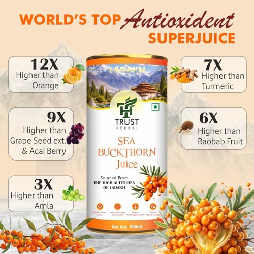 Image of TRUST HERBAL Himalayan Sea Buckthorn Juice - 300 ML | Pulp Concentrate Made for Your Total Body Care & Wellness | Natural Source of Vitamin C, Omega 3, 6, 7, 9 & Antioxidants | For Men & Women (PACK OF 1) (300 ML)