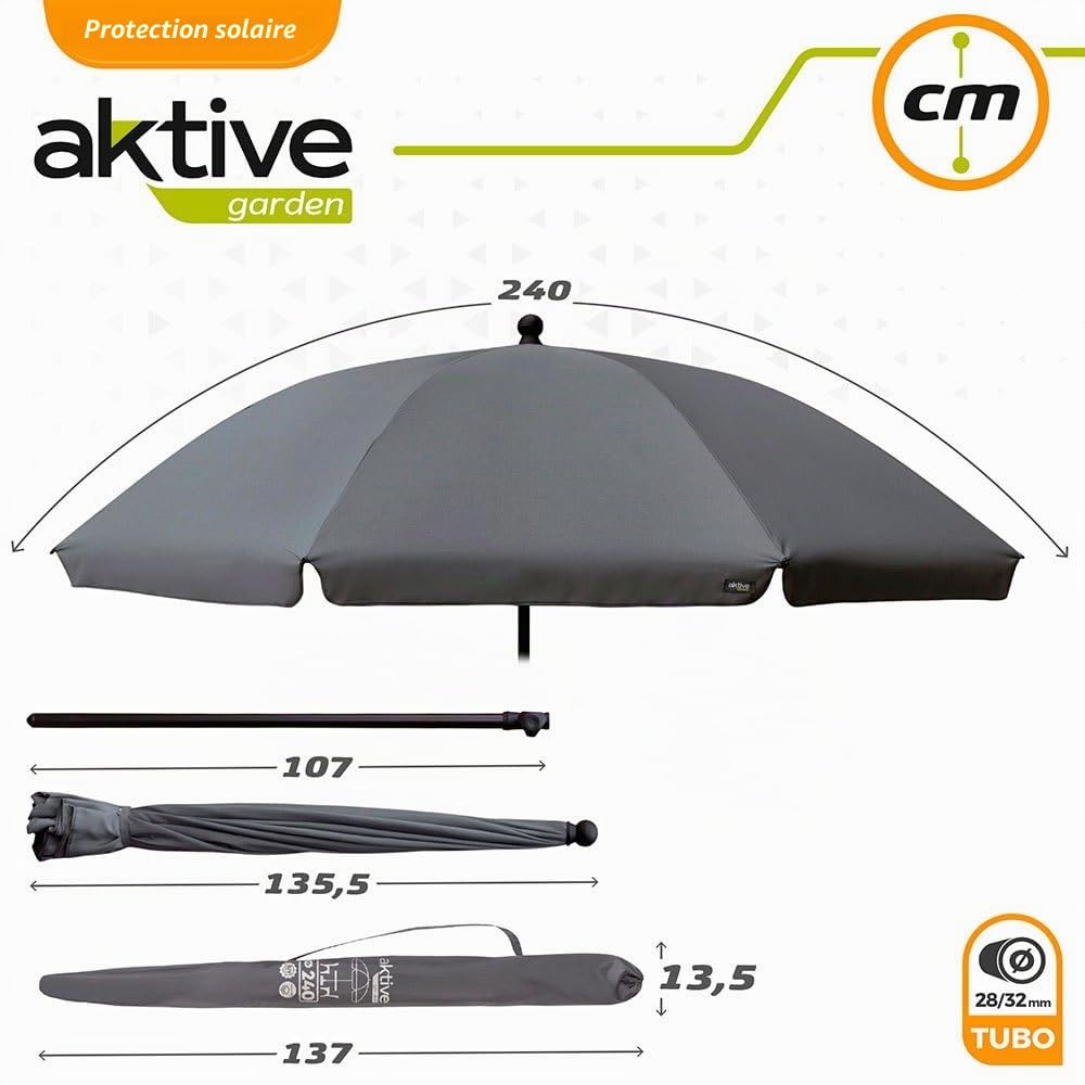 AKTIVE Parasol de Jardin, avec Protection UV30, Ø240 cm, Gris, Mât 28-32 mm, Mât Flexible, Hauteur Réglable, Grands Parasols, Jardin