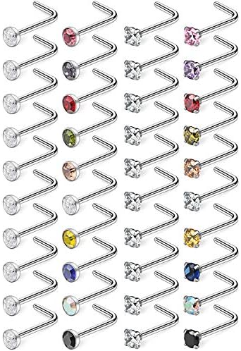 Ruifan 10-40PCS 20G Surgical Steel Diamond CZ Nose Stud Rings L Shaped Piercing Jewelry 1.5mm 2mm 2.5mm 3mm