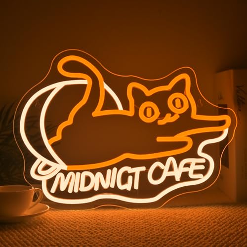 Image of Ineonlife Cat Cafe Neon Sign, Midnight Cafe LED Light for Coffee Shop Decor, Cat Neon Signs Wall Lamp for Cat Coffee Shop Dessert Bakery Cafe Bar, Acrylic Light Up Sign (15.35 inch x 11.02 inch)