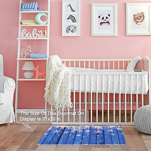 Felpudo de madera azul con copos de nieve, alfombrilla exterior e interior lavable 7