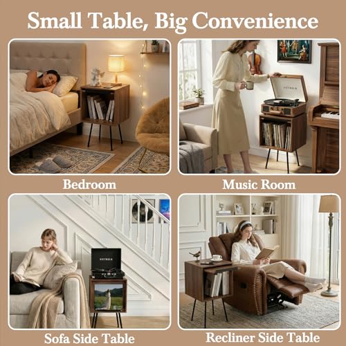 Image of Faesun Flip Top Record Player Stand, End Table Holds up to 100 Albums, Turntable Stand with Record Display, Vinyl Record Storage for Living Room, Bedroom, Walnut