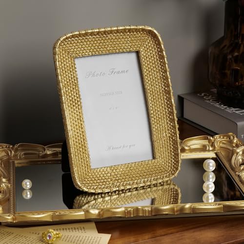 4x6 Picture Frame Vintage Gold Metal Rattan Textured Hand-Crafted Photo Frame with Glass Front, Antique Picture Frame for Tabletop Display & Wall Display, Retro Design Home Decor