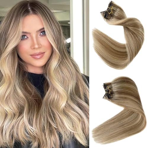 Image of Clip in Hair Extensions Human Hair Light Blonde Mix Golden Blonde Highlights Real Human Hair Extension 12Inch 7pcs 70g Straight Silky Blonde Clip ins for Women