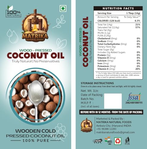 Image of Sarv Matrikaa 100% Pure Wood-Pressed Coconut Oil - 1 Litre | Cold Pressed & Natural - No Preservatives - For Hair, Skin & Cooking - Virgin Grade