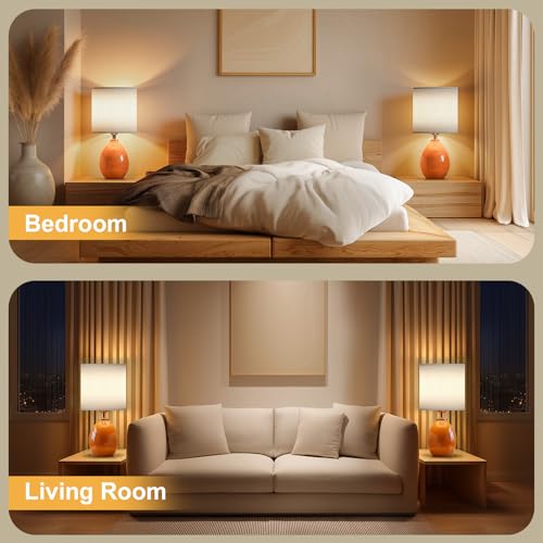 Image of Dawnwake 18.5 inch Table Lamp Set of 2 for Living Room Bedroom, Bedside Lamps for Night Stands, Desk Nightstand Lamp Dimmable, Modern Linen Cream Ceramic Lamps (Orange)