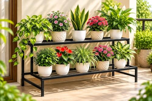 Image of 2 Tier Metal Plant Stand 24 Inch for Balcony & Living Room - Heavy Duty Black Iron Flower Pot Stand, Indoor Outdoor Vertical Plant Rack for Garden, Terrace & Home Decor (2 STEP)