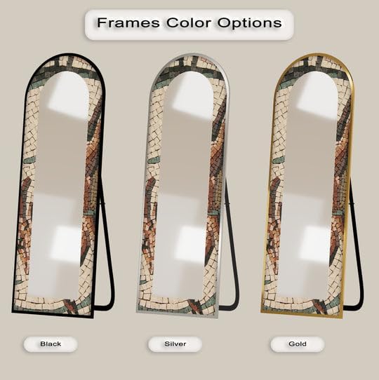 23,5’’W x 67’’H Tuscan Mosaic – Rustic Mosaic Floor Mirror Arched Full Lenght Mirror - Arch Full Body Stained Floor Mirror with Black Frame with Gold Frame