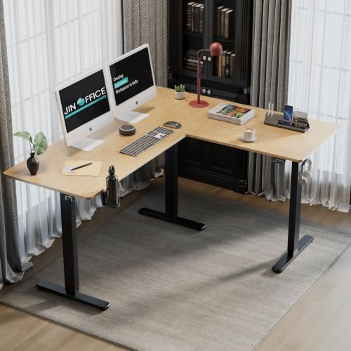 Image of JIN OFFICE Atlas L-Shaped Electric Height Adjustable Desk |Reversible Design L-Shape Adjustable Table | 3 Year Warranty,100 KG Wt. Cap, Memory Presets, Cup Holder|Home Office Sit Stand Desk Maple