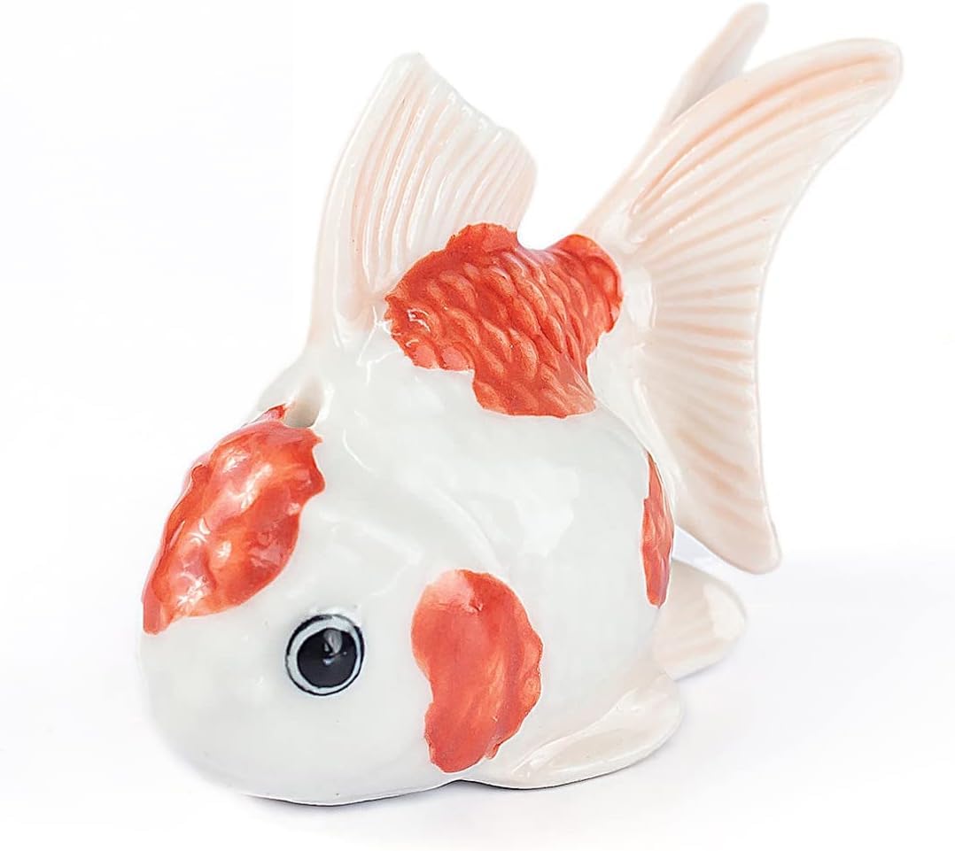 WitnyStore Tiny 2½" Long White Orange Goldfish Incense Holder - Miniature Hand Made Painted Ceramic Colorful Ryukin Oranda Gold Fish Aquarium Animals Porcelain Decorative Collectible Figurines Décor