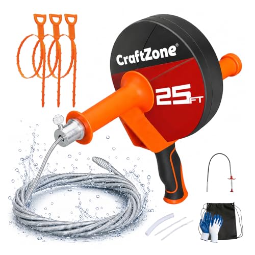 Drain Auger 25 Ft,Plumbing Snake With Drill Adapter,Pipe Clog Remover for Kitchen Bathroom Shower Sink Cleaning,Flexible Spring Steel by CRAFTZONE - Used condition - US$25.60