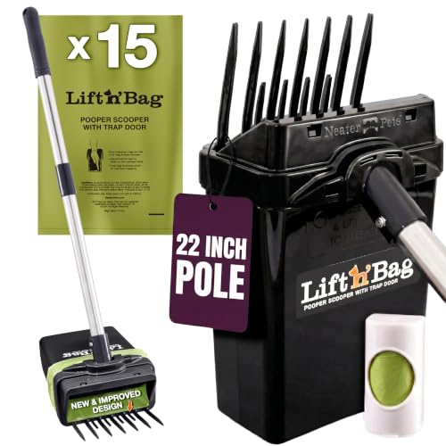 Neater Pet Brands Lift N Bag 2.0 Dog Pooper Scooper with Bag Attachment & 22 Pole for Small to Large Dogs New & Improved Design 15 Refill Bags Heavy Duty Dog Poop Scooper for Yard One-Hand Use
