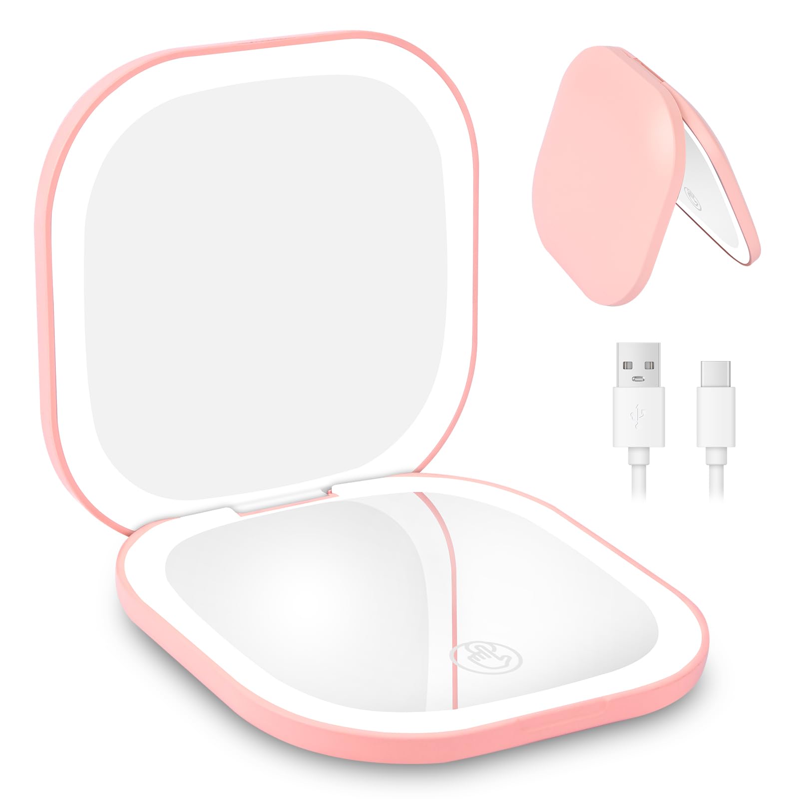 HOTUT Specchio da Trucco con Luce LED,1X/3X Specchio Ingranditore da Viaggio,3 Colori di Luce,Luminosità Regolabile,USB Ricaricabile a Specchi Illuminato Bifacciale,Ideale per Casa e Viaggio,Rosa