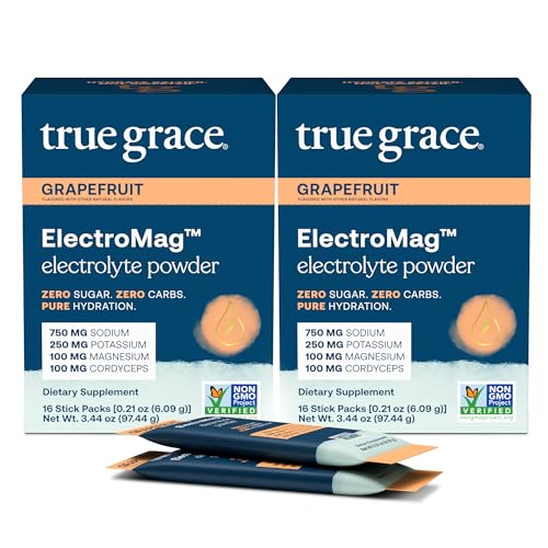 True Grace ElectroMag - 16 Stick Packs (Pack of 2) - Grapefruit - Electrolyte Powder for Rapid Hydration - Sodium, Potassium, Magnesium & Cordyceps - Zero Sugar & Carbs - Non-GMO - 32 Total Servings
