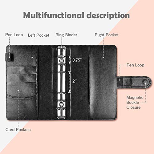 A6 PU Leather Notebook Binder,Refillable 6-Ring Budget Binder for A6 Filler Paper Binder Pockets,Personal Organizer Planner Binder with Magnetic Buckle & Self-Adhesive Label（Brown+Black ） - Thumbnail 2