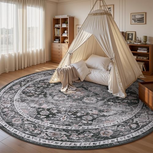 AMOAMI-6FT Round Rug-Rugs for Living Room-Vintage Soft Black Rugs for Bedroom-Non Slip Circle Rug-Machine Washable Rug for Dining Room Living Room Bedroom Office Under Table Dark Grey & Black