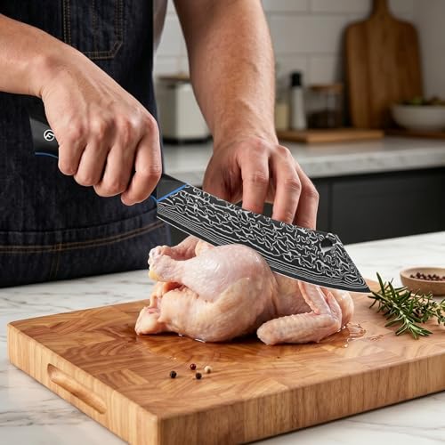 Image of FINTISO Damascus Butcher Knife 8 Inch, Meat Cleaver Knife with 67-Layer Japanese Damascus Steel, Full Tang Ergonomic G10 Handle for Kitchen - Zeus Series