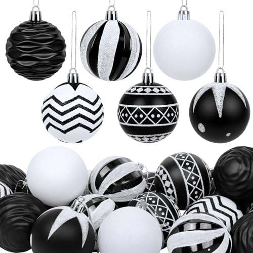 Unves 24 Pcs Black and White Christmas Ornaments Set, 2.36 Inch Black Christmas Decor Plastic Stripe Dot Hanging Ornaments for Xmas Holiday Party Tree Wreath Decoration