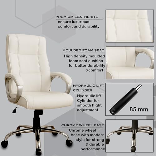 Image of Vista Ergonomic Leatherette Boss Chair for Office | High Back Revolving Chair for Home, Office, Study & Gaming | Height Adjustable Office Chair in Crome Base | 1pc (White)