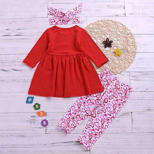 Toddler Baby Girl Valentine\'s Day Outfits Ruffle Tunic Top Dress Shirt Carriage Love Heart Print Flare Pants Clothes Set (Red-Pink Heart, 1-2T)