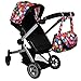 Babyboo Deluxe Doll Pram Foldable Doll Stroller with Basket, Adjustable Handle, Convertible Seat, Swiveling Wheels and Free Carriage Bag, Gumball and Black - 9651B