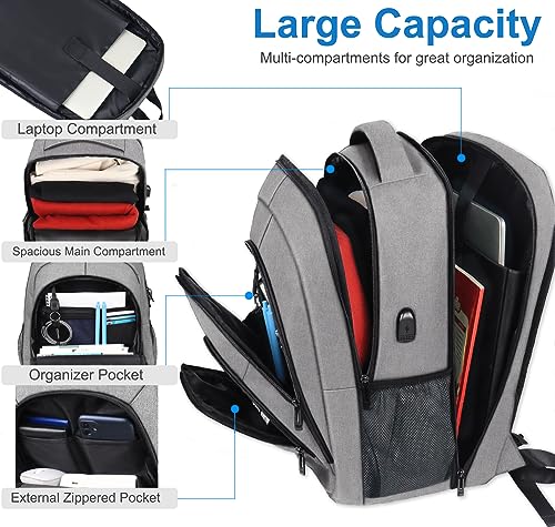 Travel Backpack, TSA Friendly 17 Inch Large Laptop Backpack for Men Women Water Resistant Business Carry On Backpacks with USB Charger Port and Luggage Sleeve Work Anti Theft Rucksack, Grey2