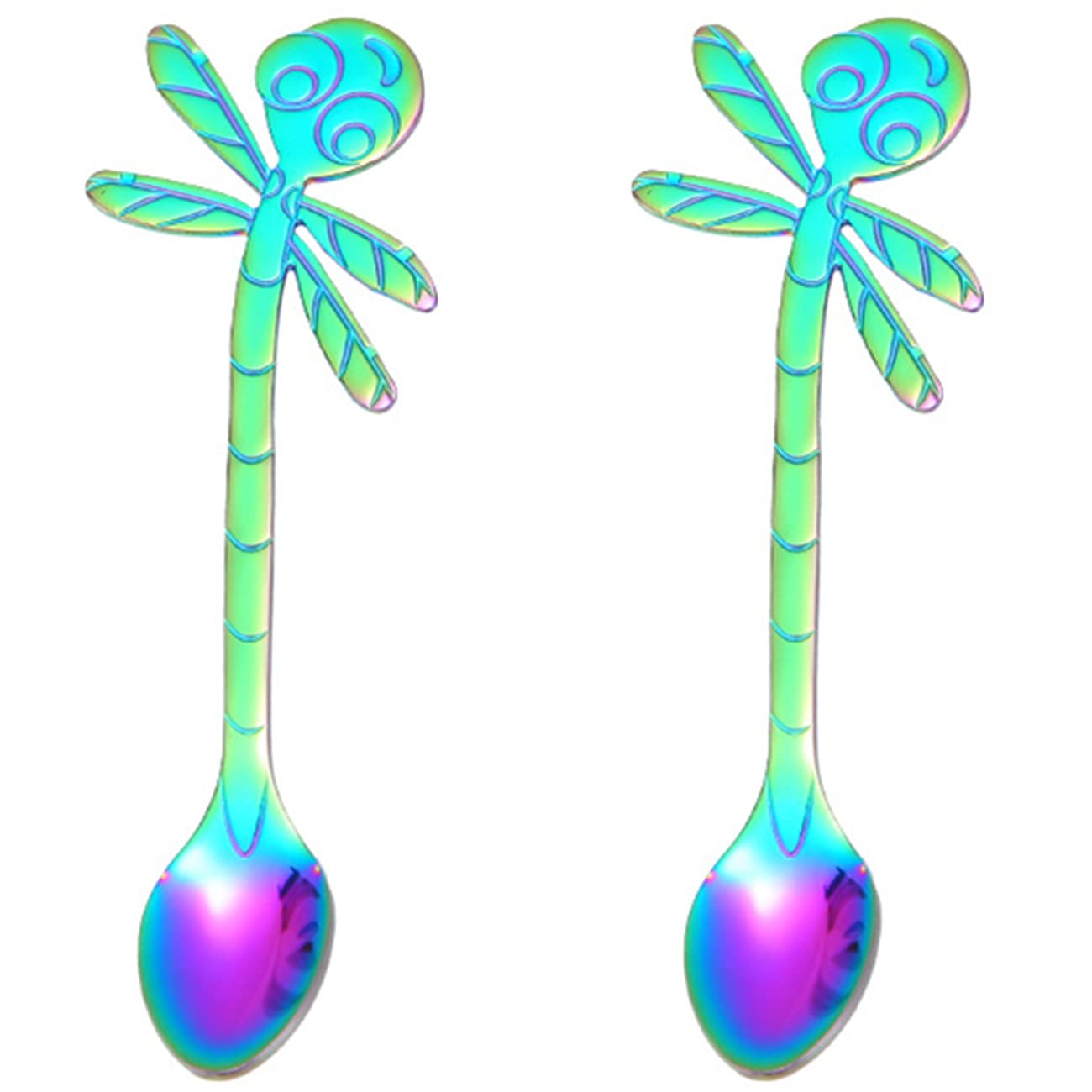 Stainless Steel Dragonfly Coffee Spoon 2 Pcs Creative Tableware Dessert Spoons, Stirring, Mixing, Sugar, Stir, Ice Cream, Cake, Teaspoon Set (Colorful)