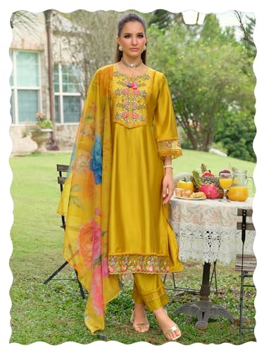 Image of INDO ERA Women's A-Line Cotton Blend Floral Embroidered Kurta & Pant With Dupatta Set (IEOUT11375)