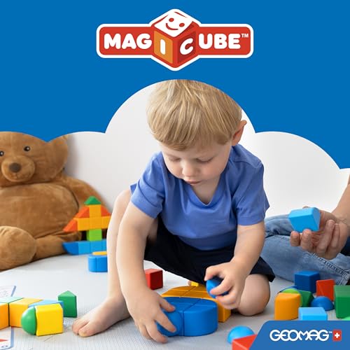 Geomag - Magicube Shapes - Blocs de Constructions Magnétiques à Empiler pour Bébé d'1 an et Plus - 9 Cubes de 3 Couleurs et Formes - 1-5 Ans - 100% Plastique Recyclé