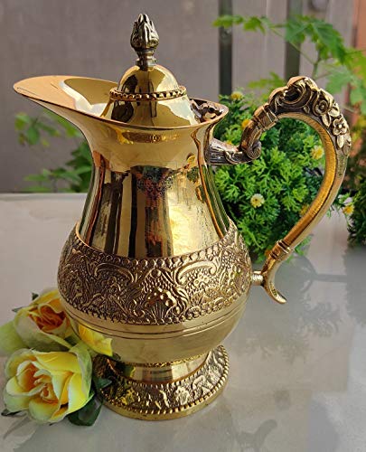 Image of Indian Art Villa Designer Brass Embossed Jug Pitcher with Lid, Drinkware & Tableware, for Serving and Drinking Water, 1000 ML, Gold
